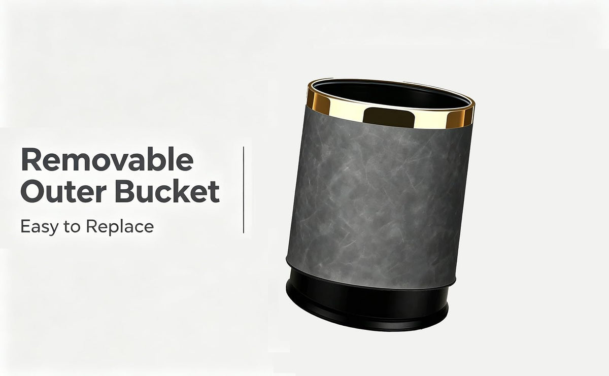 SXYLOB Luxury Metal Waste Bin 10L, Double Layer Trash Can PU Leather Covered Round Wastebasket Dust Bins for Kitchen Bathroom Hotel Office Grey Hui