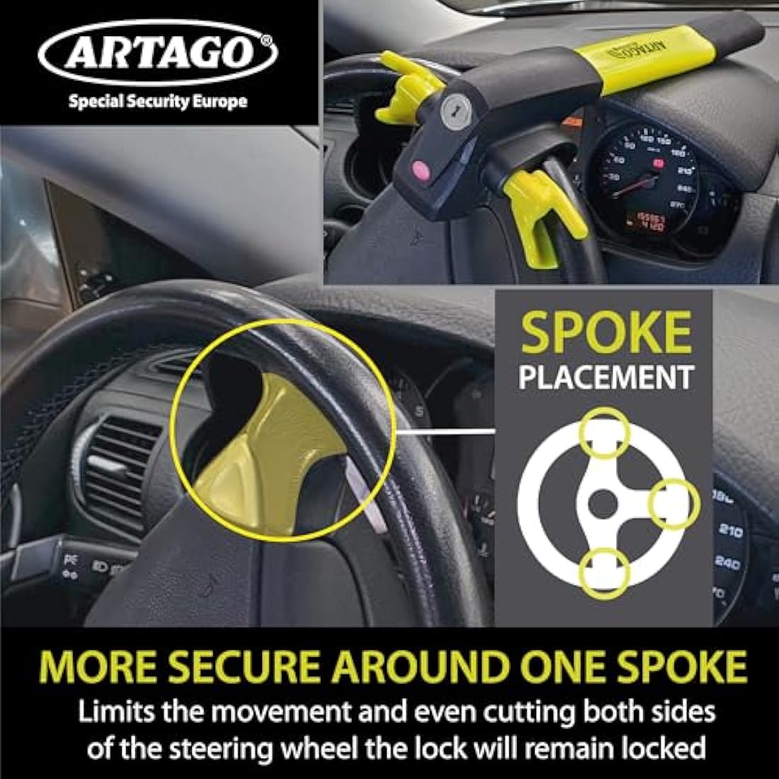 ARTAGO 870 Steering Wheel Lock – 120dB Alarm & Pre-Alarm Anti-Theft