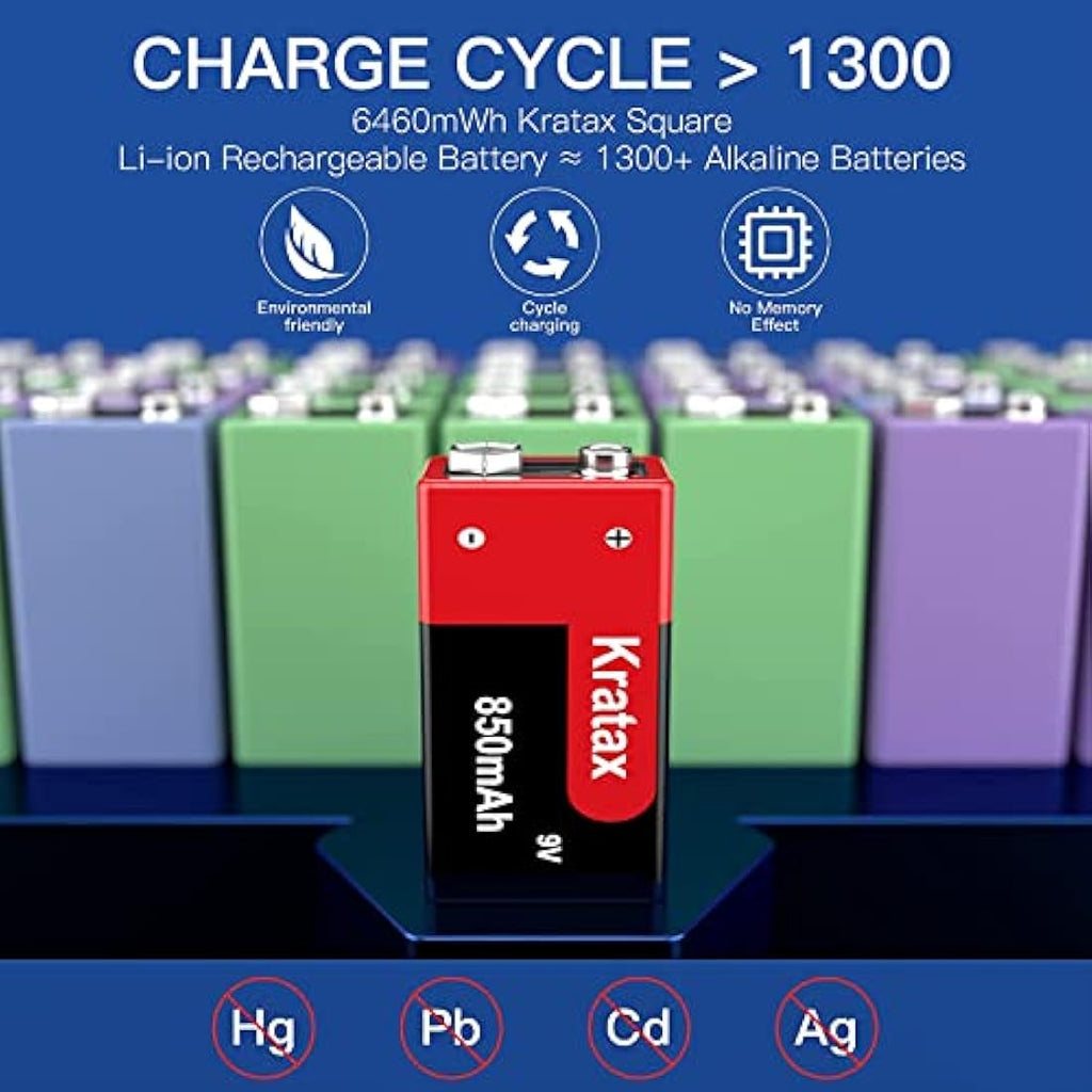 Kratax 9V Rechargeable Li-ion Battery | 850mAh High Capacity | 2 Pack