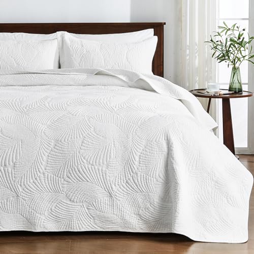 Qucover Cotton Quilted Bedspread Set | Super King Palm Leaf Embroidery