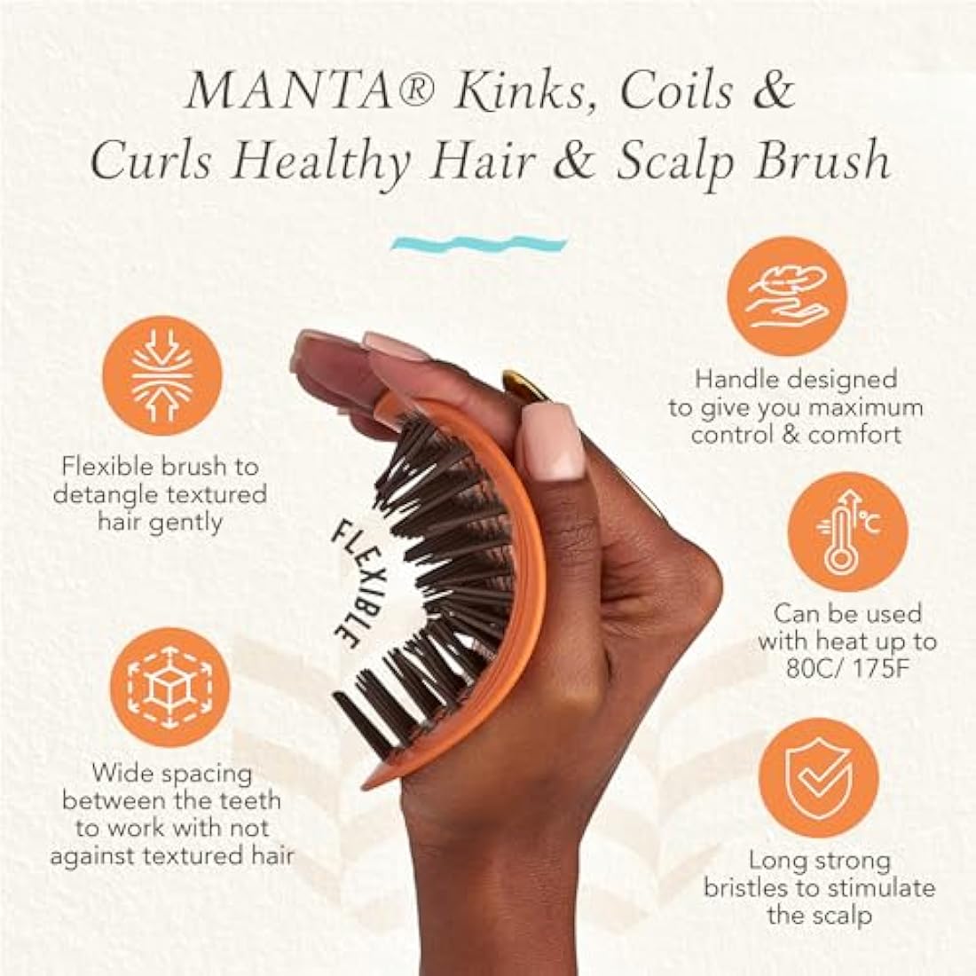 Manta Curls Anti-Breakage Detangling Brush for Curly & Afro Hair, Orange