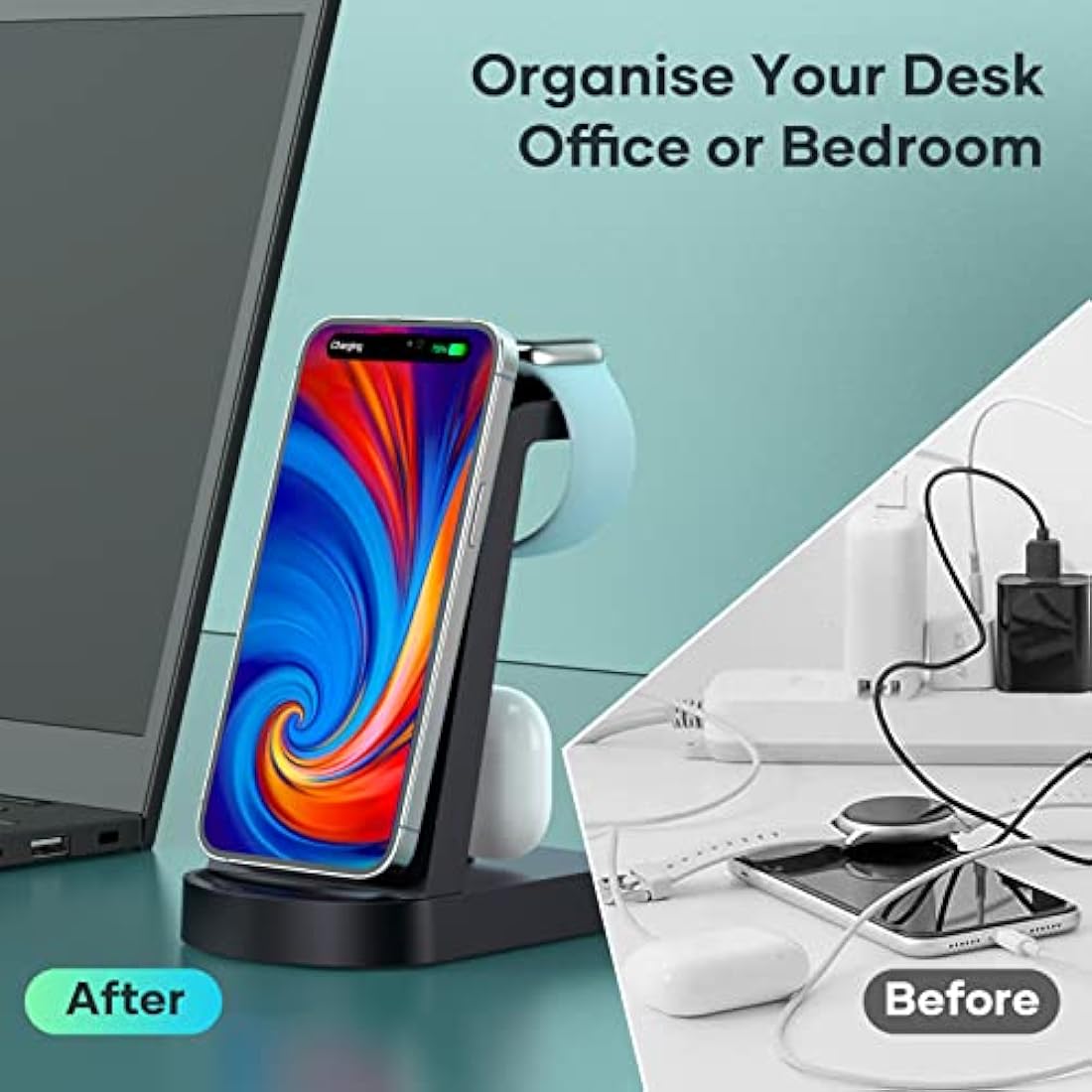 Bakibo 3-in-1 Wireless Charging Station for iPhone, Apple Watch & AirPods