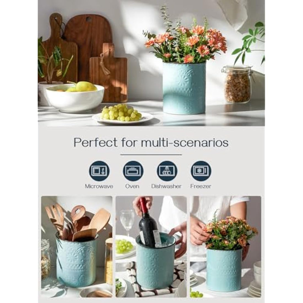 DOWAN Large Ceramic Utensil Holder – Farmhouse Kitchen Crock, Blue