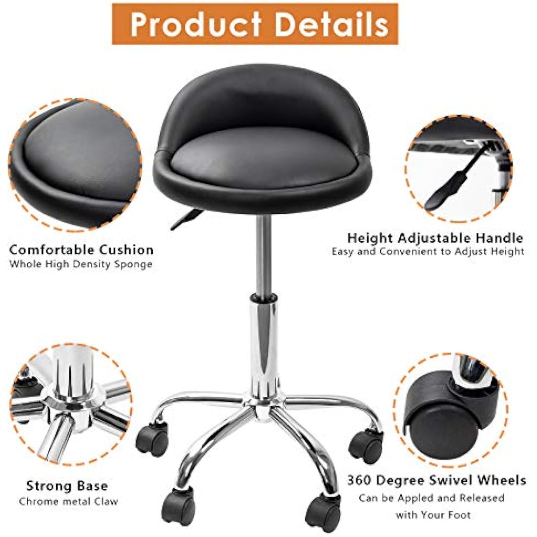 Adjustable Rolling Salon Stool – Swivel PU Leather Chair