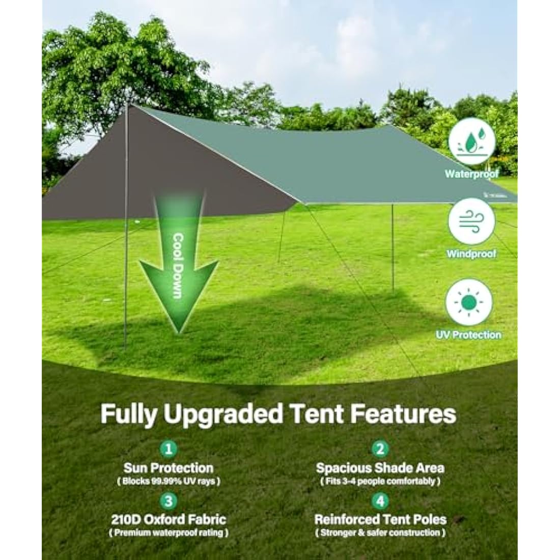WADEO 3x3m Camping Tent Tarp | Waterproof UV Sunshade Hammock Rain Fly