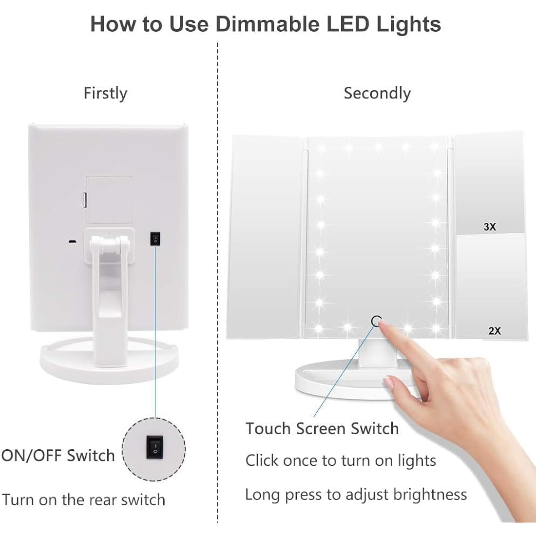 WEILY Tri-fold LED Makeup Mirror | 2X/3X Magnification Vanity Mirror - White