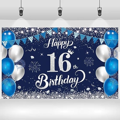 16th Birthday Banner - Navy Blue & Silver Party Backdrop