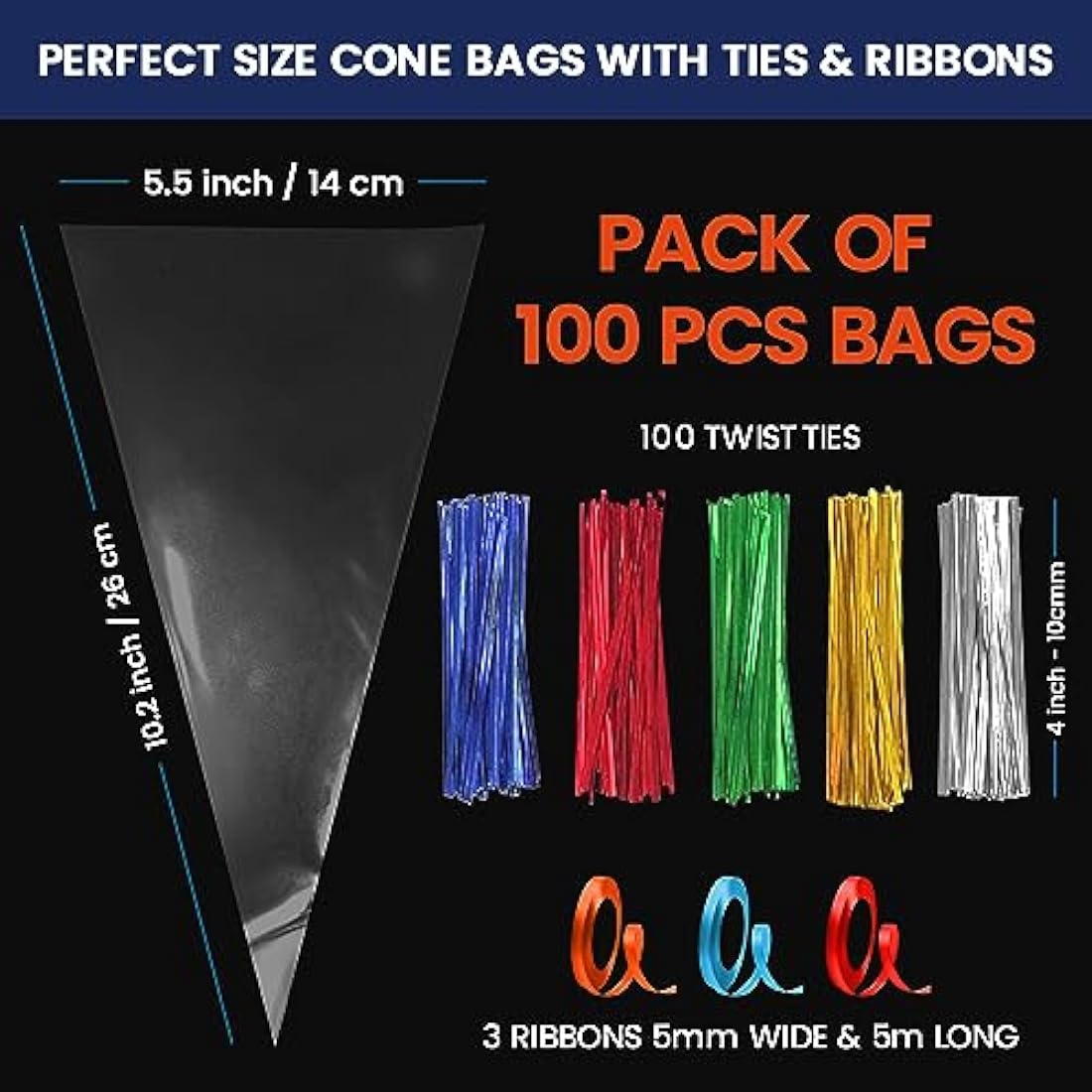 Jolof Store 100Pcs Clear Sweet Cone Bags with Ties - 14x26cm Cello Bags