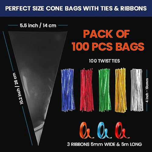 Jolof Store 100Pcs Clear Sweet Cone Bags with Ties - 14x26cm Cello Bags
