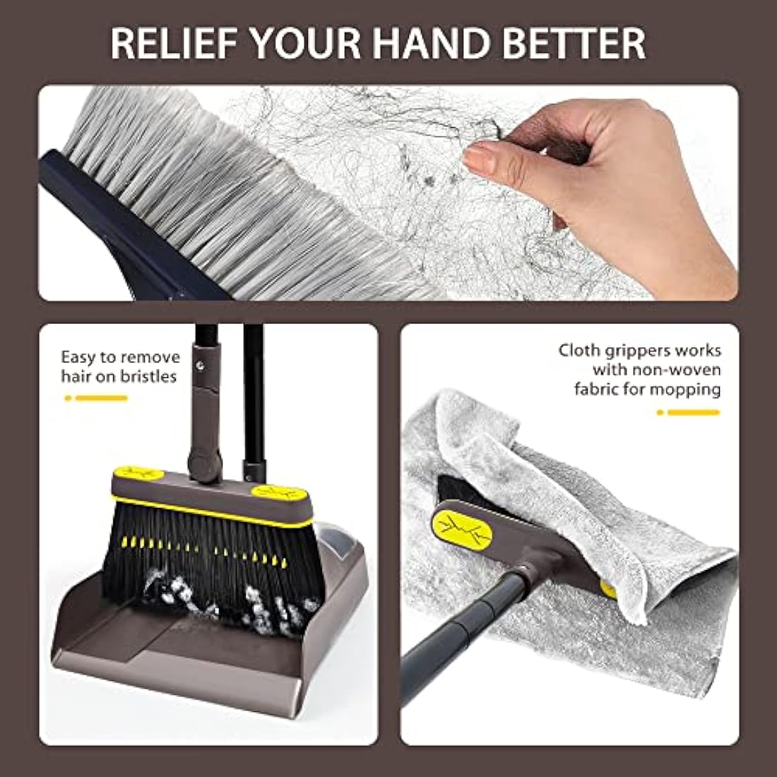 JEHONN Long Handle Dustpan and Brush Set | 180° Swivel Head Broom