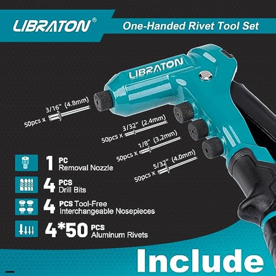 Libraton One-Handed Rivet Gun Set | Professional Hand Riveter with 200 Rivets
