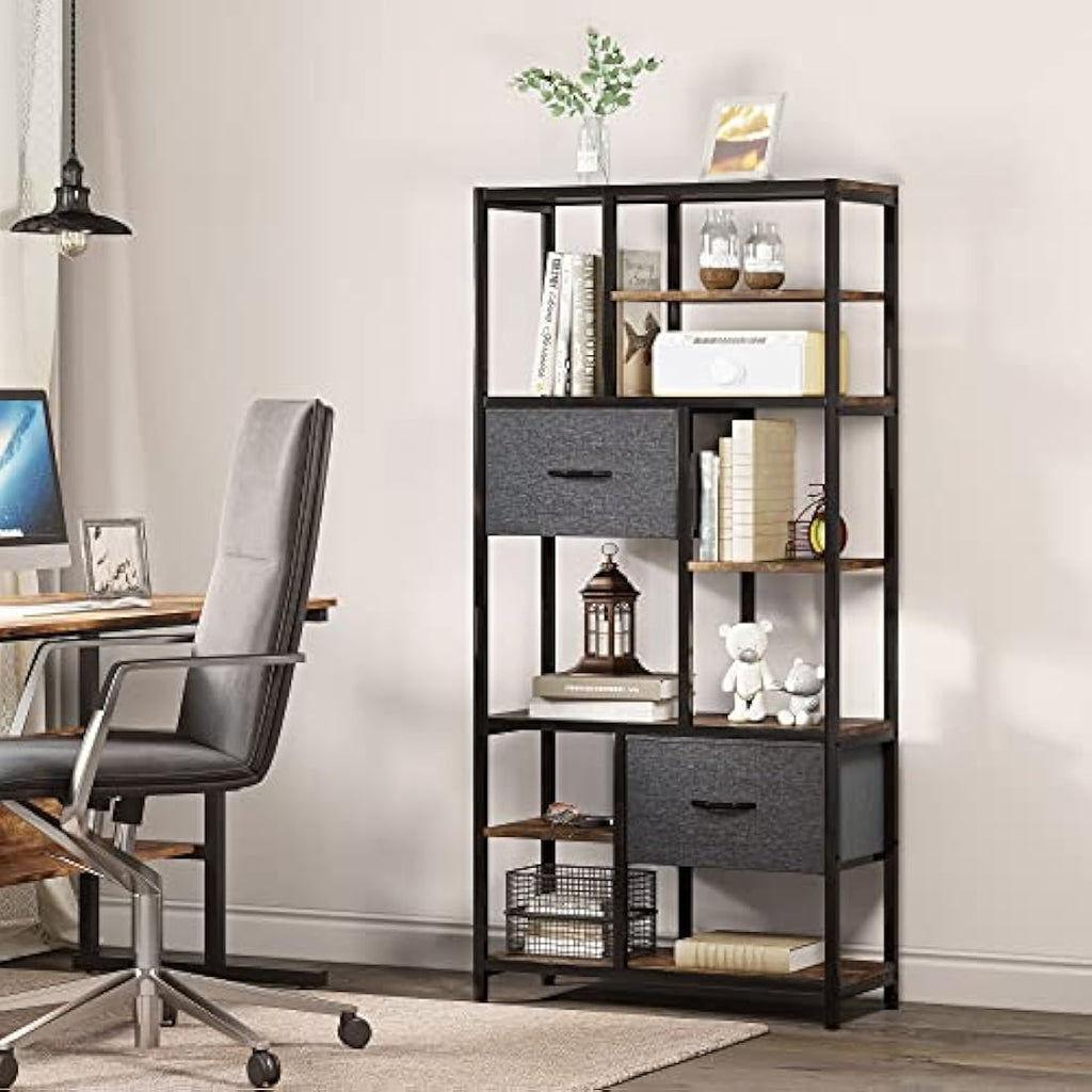 YITAHOME 7-Tier Industrial Bookshelf with Drawers | Rustic Brown