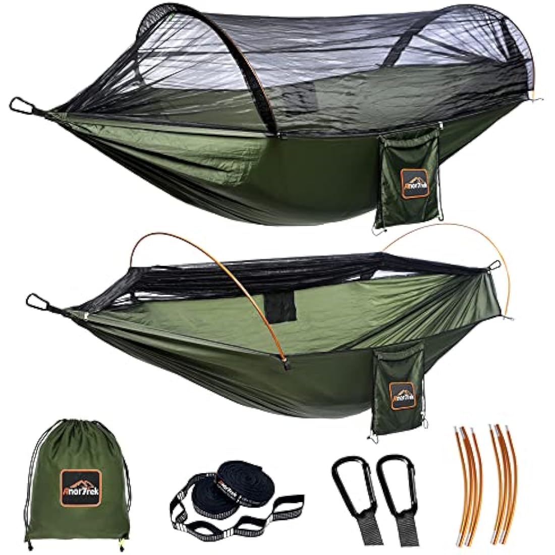 AnorTrek Double Camping Hammock with Mosquito Net & Rain Fly – Green