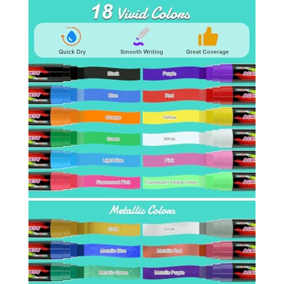 FansArriche 15mm Jumbo Acrylic Paint Markers – 18 Colors Waterproof Pens