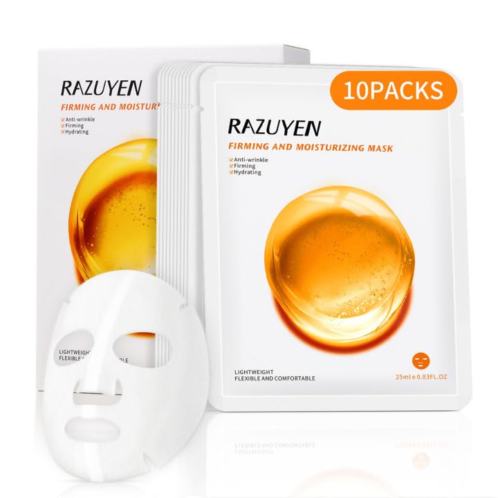 RAZUYEN Firming Face Sheet Masks - Hyaluronic Acid & Peptides (10 Pack)