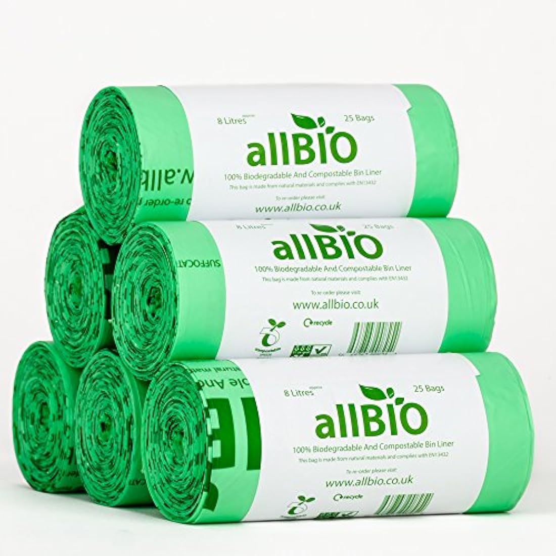 allBIO 8L Compostable Food Waste Bin Liners - Extra Thick - 150 Pack