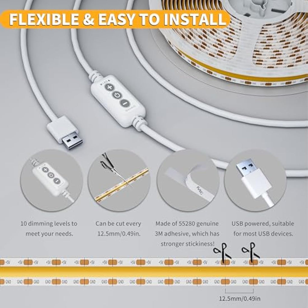 PAUTIX USB COB LED Strip | 4000K Natural White 2M Dimmable Tape Light