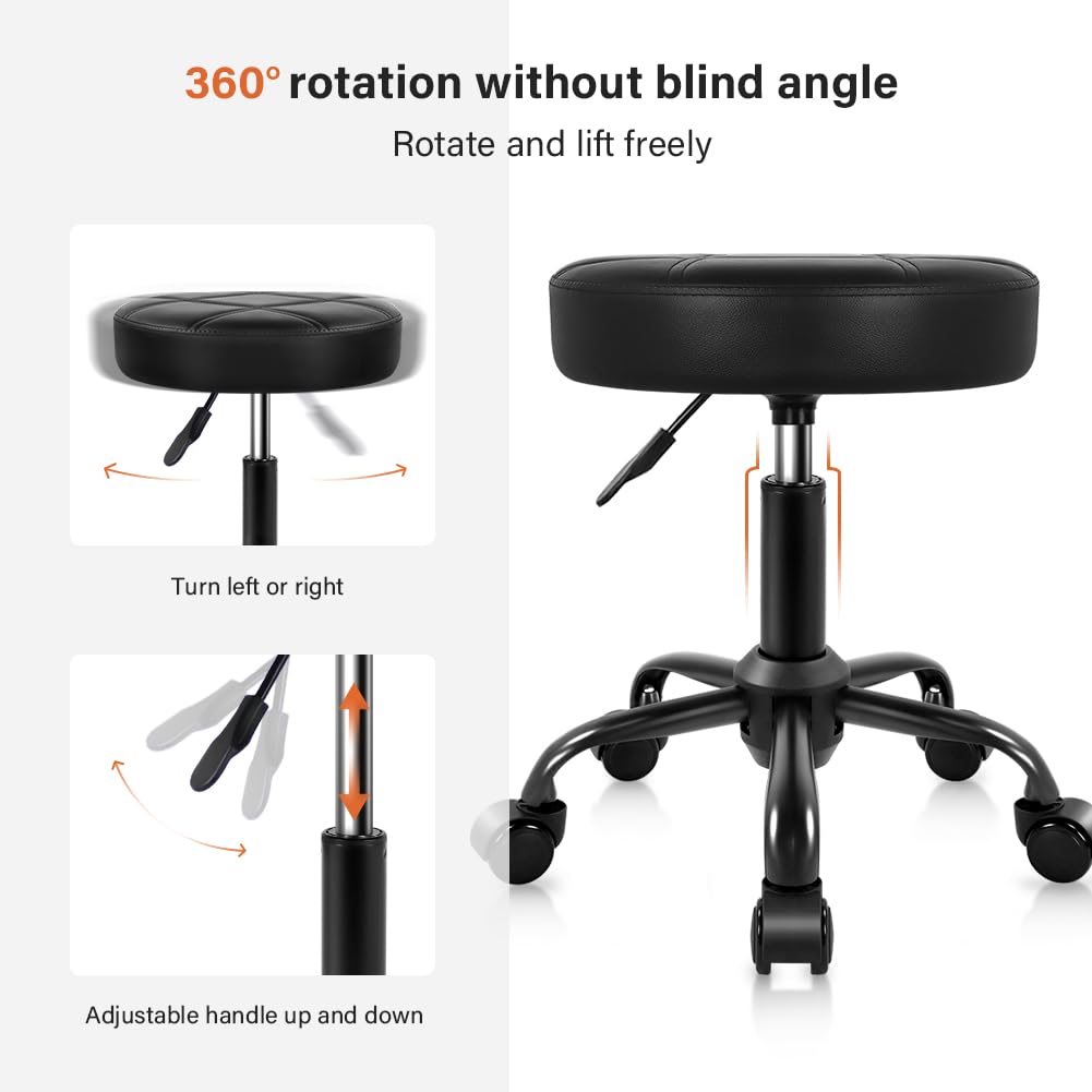 KKTONER Rolling Stool Chair PU Leather Height Adjustable Round Stool with Wheels Chair for Salon Spa Drafting Small Black