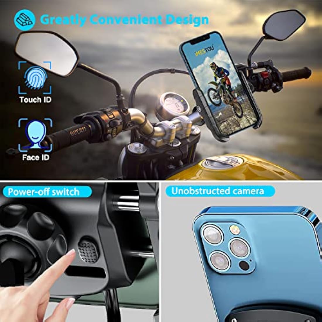 iMESTOU Aluminum Motorcycle Phone Mount with USB Charger | 4.0-6.8" Devices