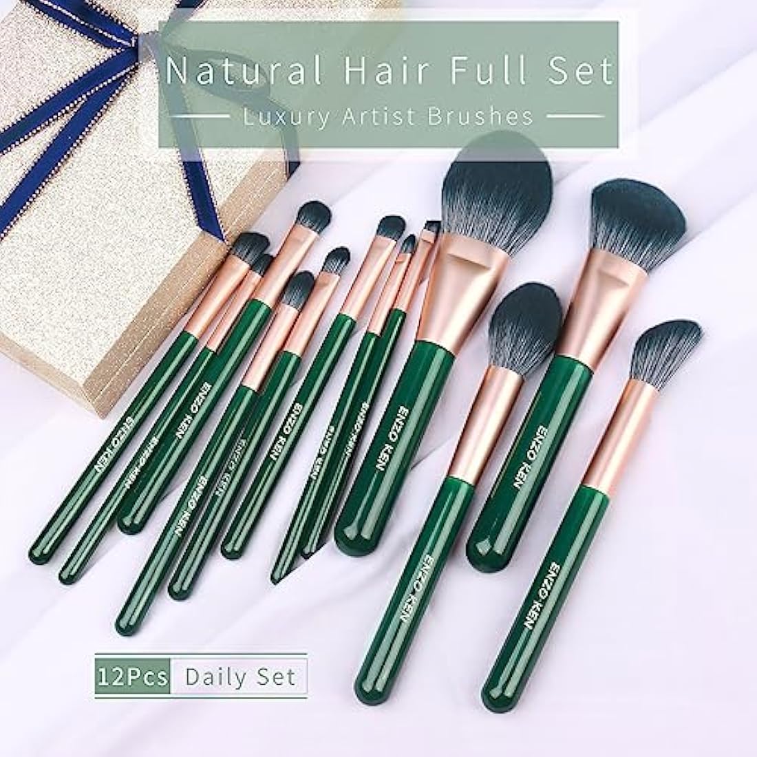 ENZO KEN Professional Goat Hair Makeup Brush Set with Case - Green