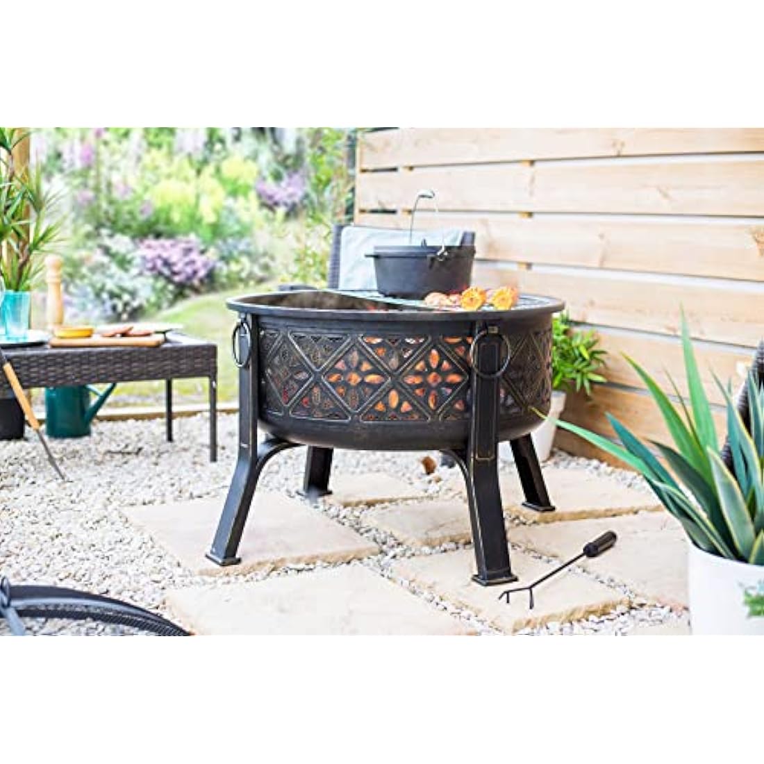 La Hacienda Moresque Deep Steel Firepit with BBQ Grill – Large Bowl