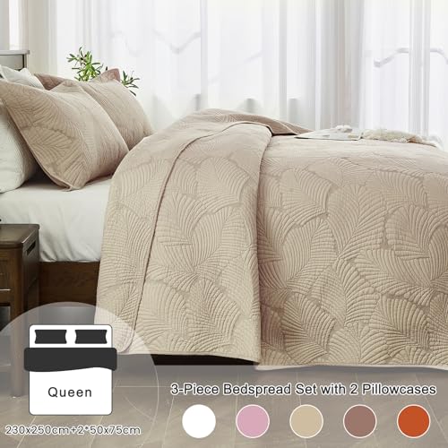 Qucover King Size Cotton Bedspread – Beige Palm Leaf Embroidered 3-Piece Set