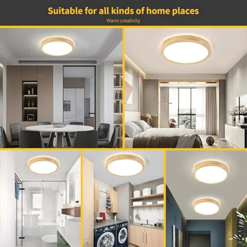 WayLuoung Round Wooden LED Ceiling Light – 18W 3000K Warm White 30cm