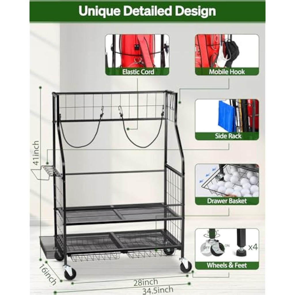 FHXZH Golf Bag Storage Rack – Extra Large Steel Garage Organizer with Wheels