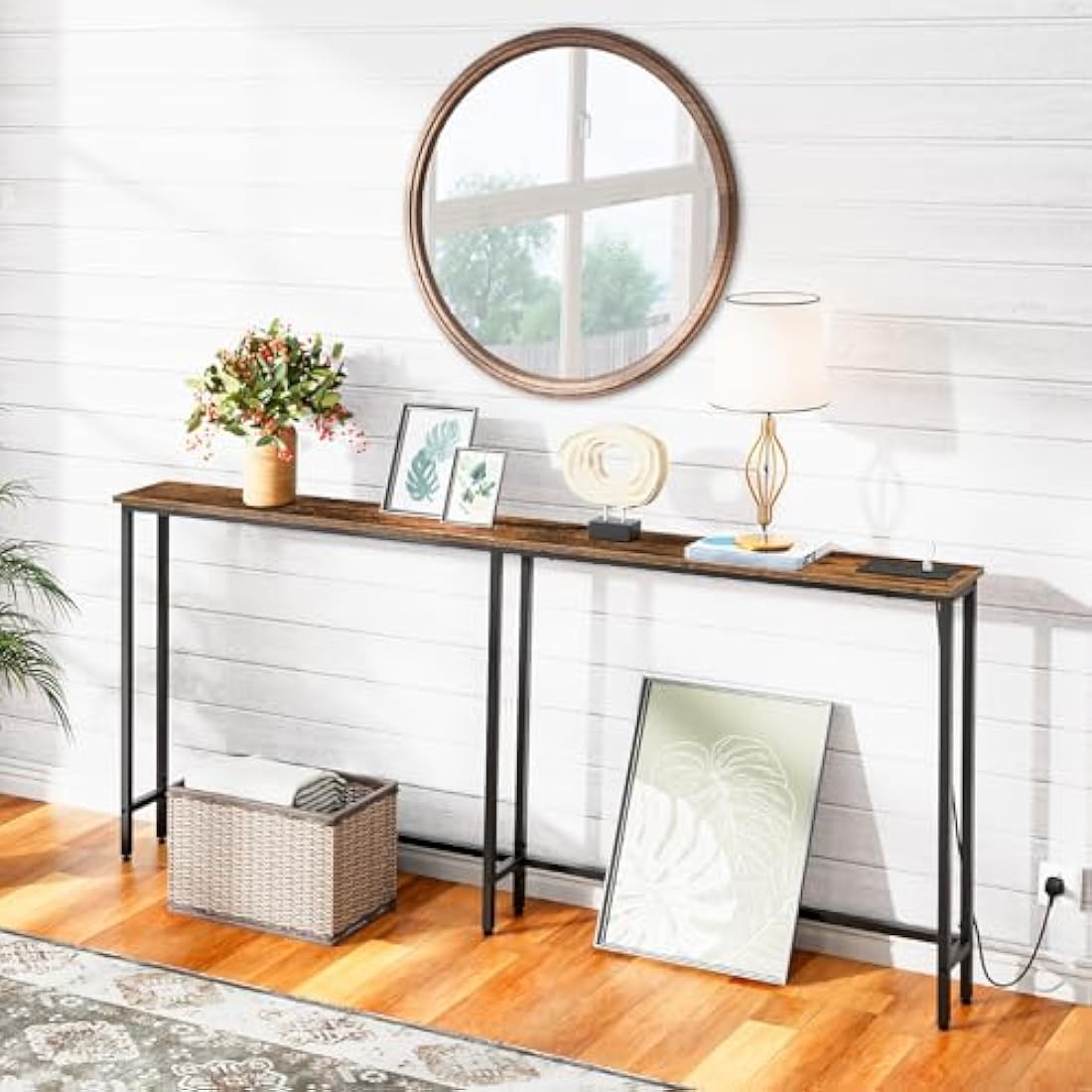 HOOBRO Slim Console Table with Charging Station | 180cm Narrow Sofa Table