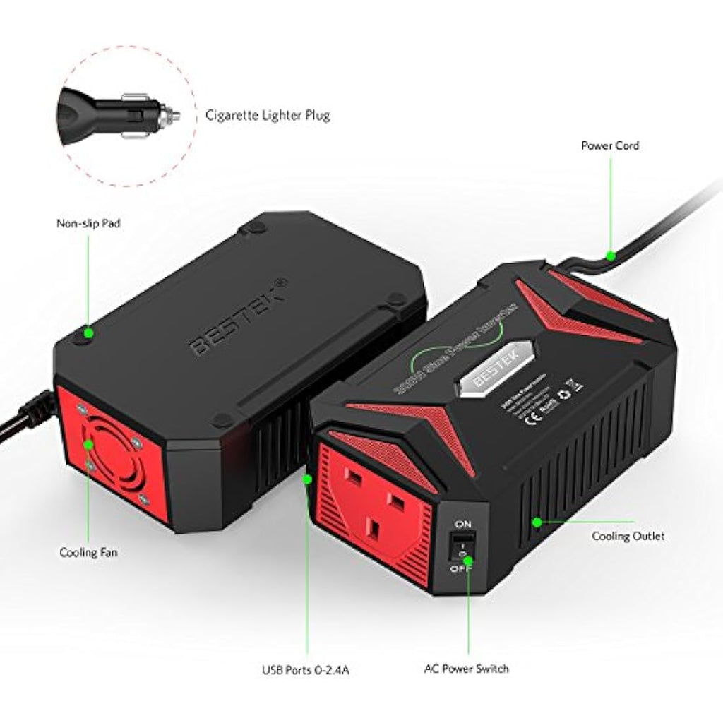 BESTEK 300W Pure Sine Wave Power Inverter | 12V to 230V Car Adapter