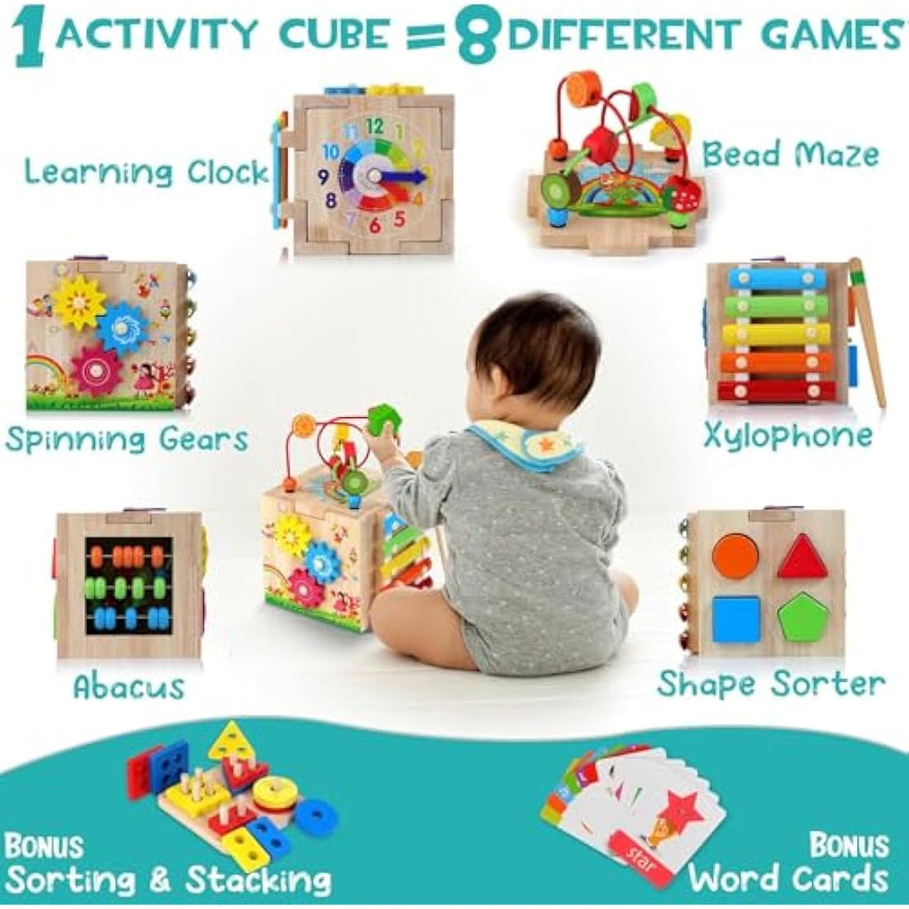 HELLOWOOD 8-in-1 Wooden Activity Cube | Montessori STEM Toy for Toddlers