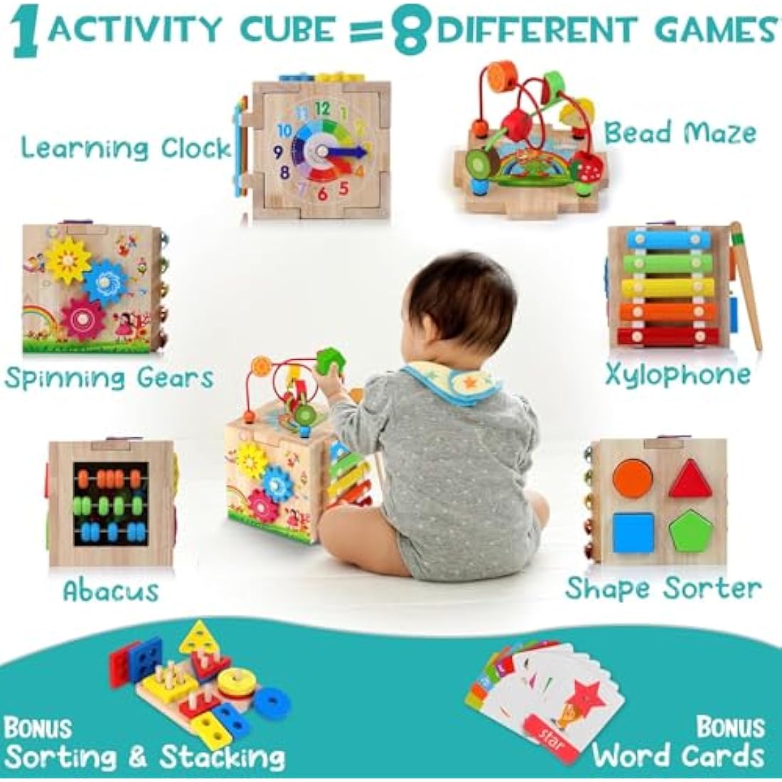 HELLOWOOD 8-in-1 Wooden Activity Cube | Montessori STEM Toy for Toddlers