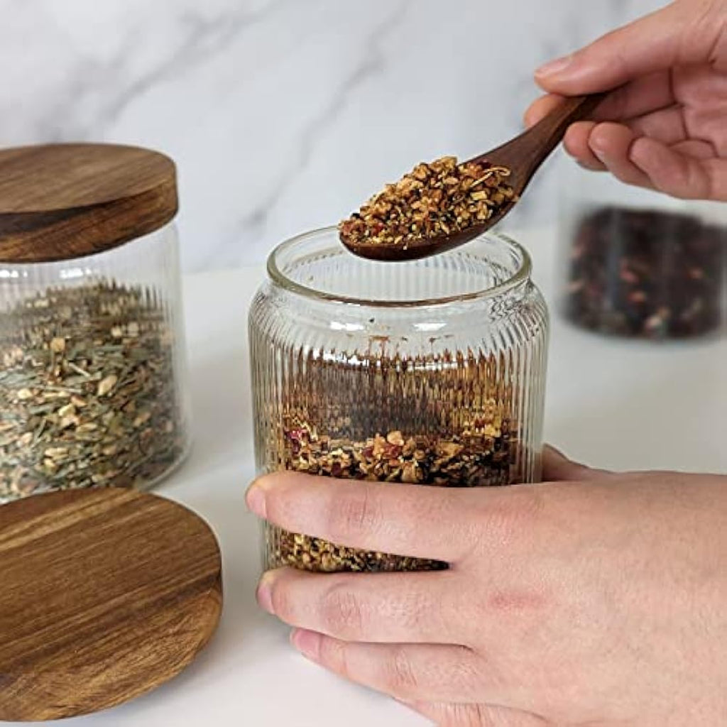 Mason & Fable Ribbed Glass Jars with Acacia Wood Lids - 500ml Set of 3