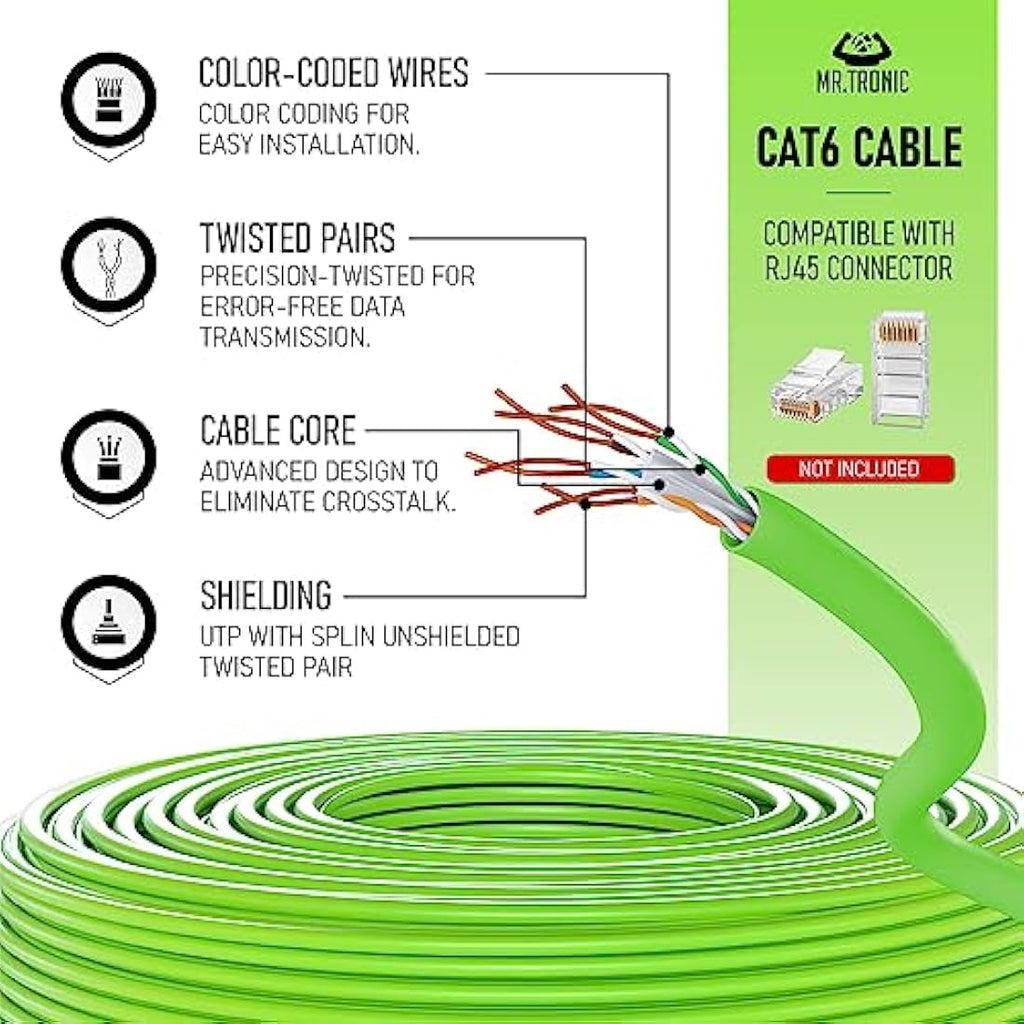 Mr. Tronic Cat 6 Ethernet Cable 100m – High Speed UTP Bulk LAN Cable, Green