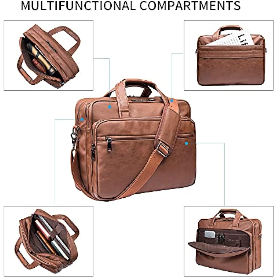 Seyfocnia Brown Leather Laptop Bag | 15.6 Inch Business Messenger Briefcase