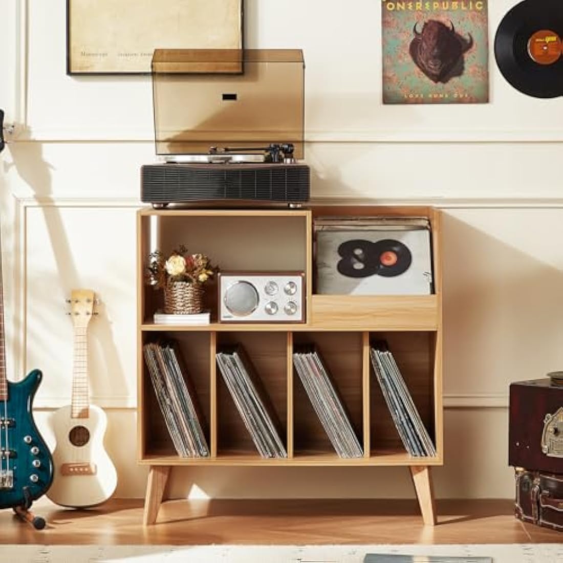 Large Wooden Record Player Stand – Vinyl Storage for 300 Albums