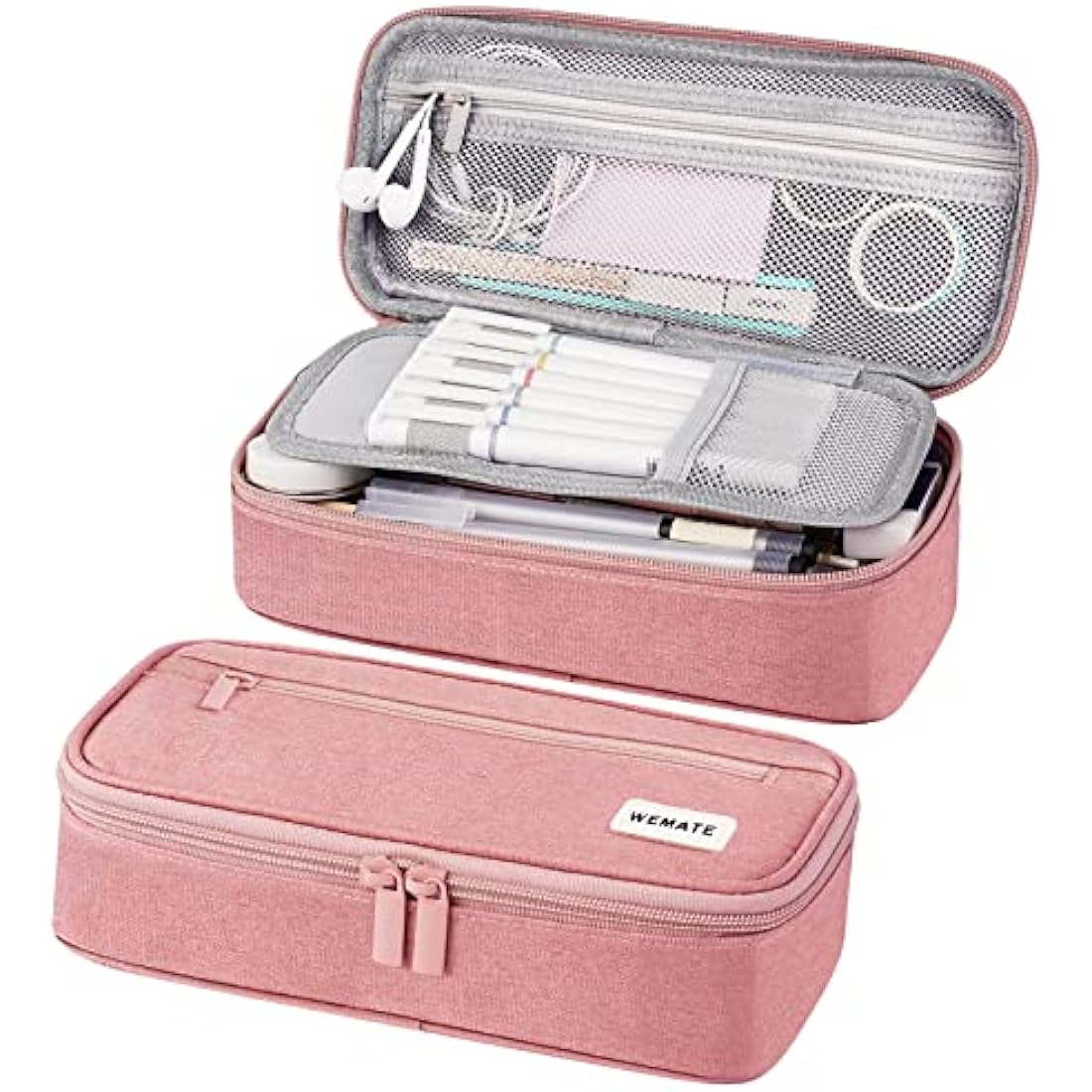 WEMATE Large Pencil Case | 5-Compartment Canvas Stationery Pouch - Pink