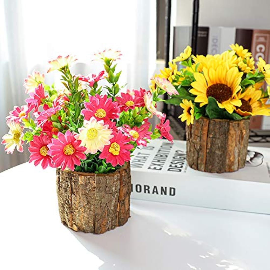 Artificial Sunflowers | Potted Fake Plants with Bark Pots