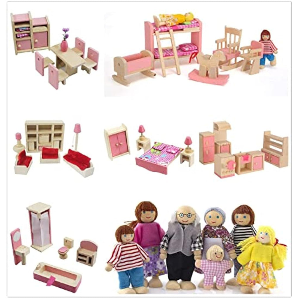 DecoBay Wooden Dollhouse Furniture - 6 Room Sets and 7 Family Dolls
