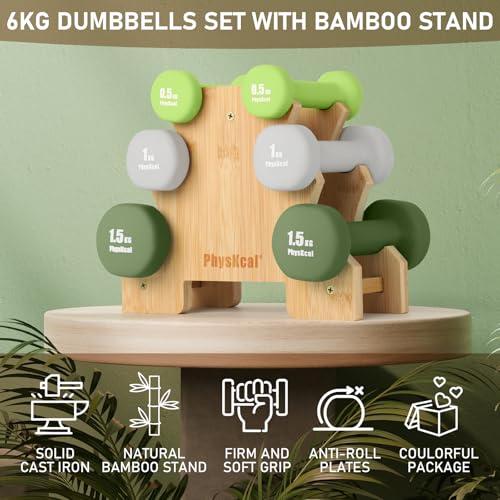 PhysKcal Neoprene Hex Dumbbells Set of 6 with Bamboo Stand - 6kg Total