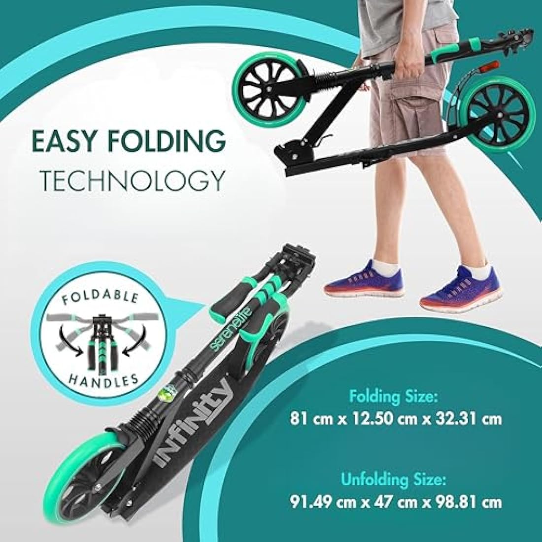 SereneLife Folding Kick Scooter | Big Wheels & Adjustable Handlebar