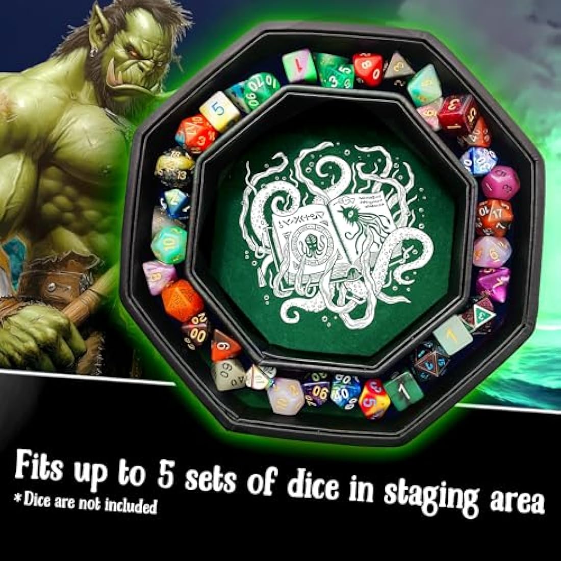 Fantasydice Cthulhu Tome Dice Tray – 8" Octagon Green Vegan Leather