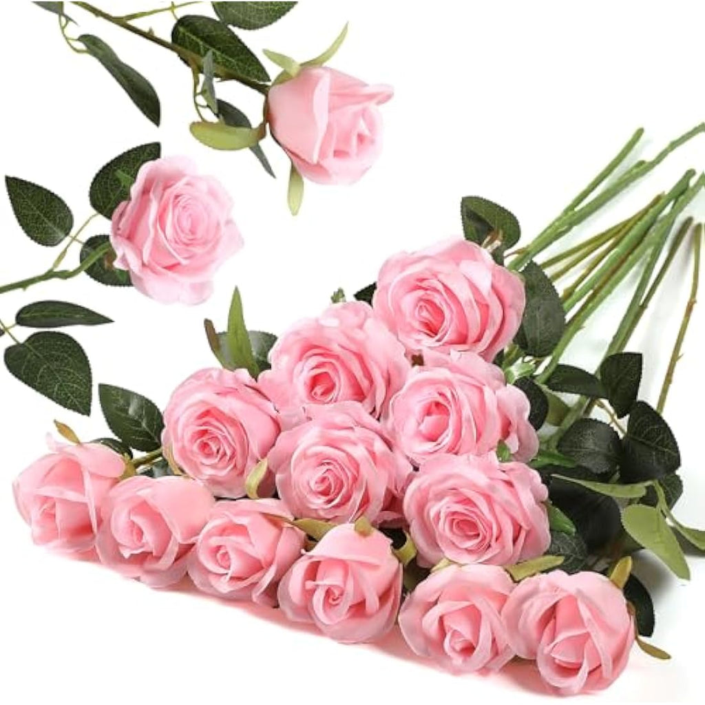 12PCS Artificial Silk Roses – 21" Long Stem Fake Flowers, Pink