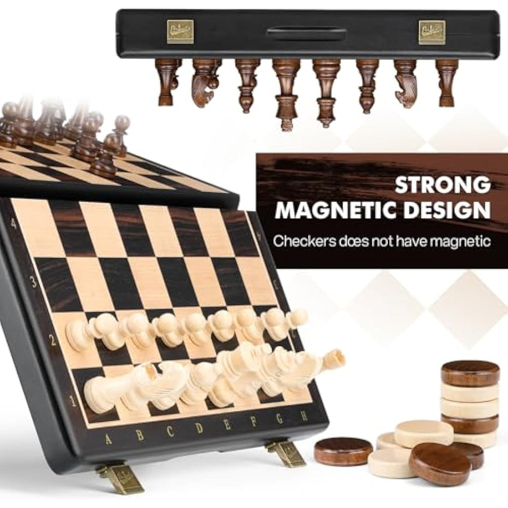 Peradix 15" Magnetic Wooden Chess and Checkers Set – 2-in-1 Foldable Board