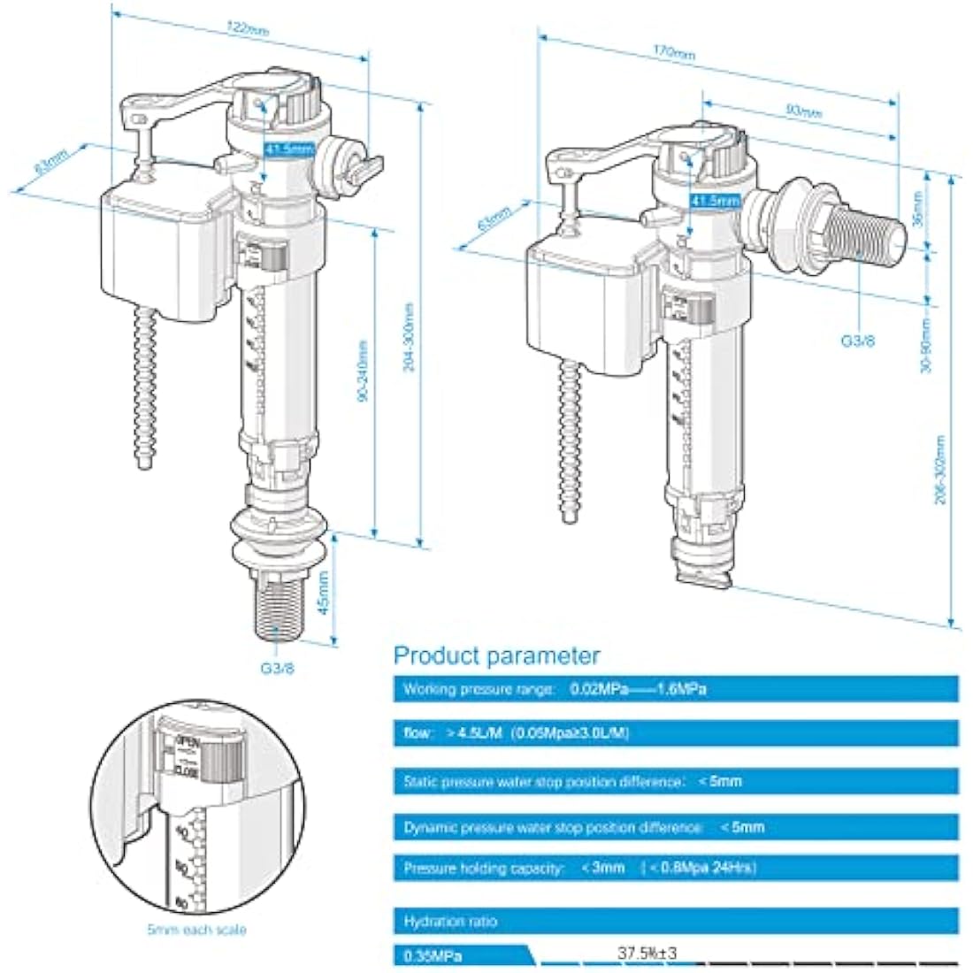 Ibergrif Adjustable Toilet Cistern Fill Valve | Bottom & Side Entry
