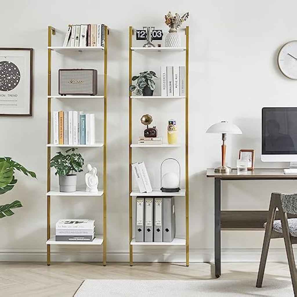 YMYNY 5-Tier Wall Mounted Ladder Shelf – Industrial Metal Bookcase, White