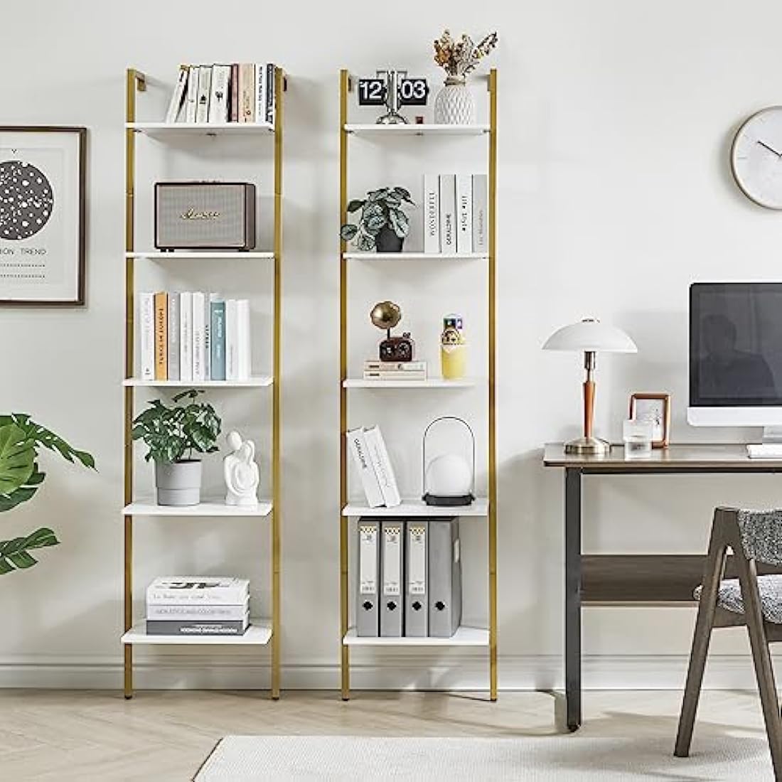 YMYNY 5-Tier Wall Mounted Ladder Shelf – Industrial Metal Bookcase, White
