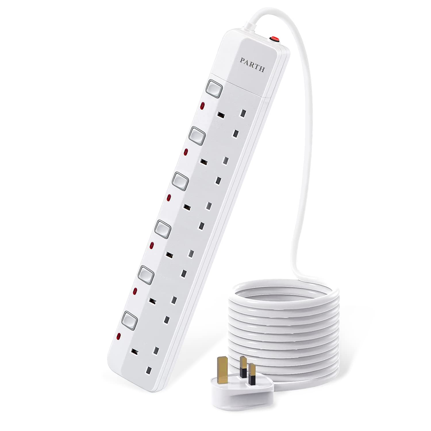 PARTH 6 Way Surge Protected Extension Lead – 3m Cable with Switches