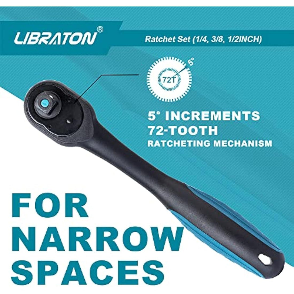 Libraton 3-Piece Ratchet Set | 72-Tooth CR-V Drive Socket Wrenches