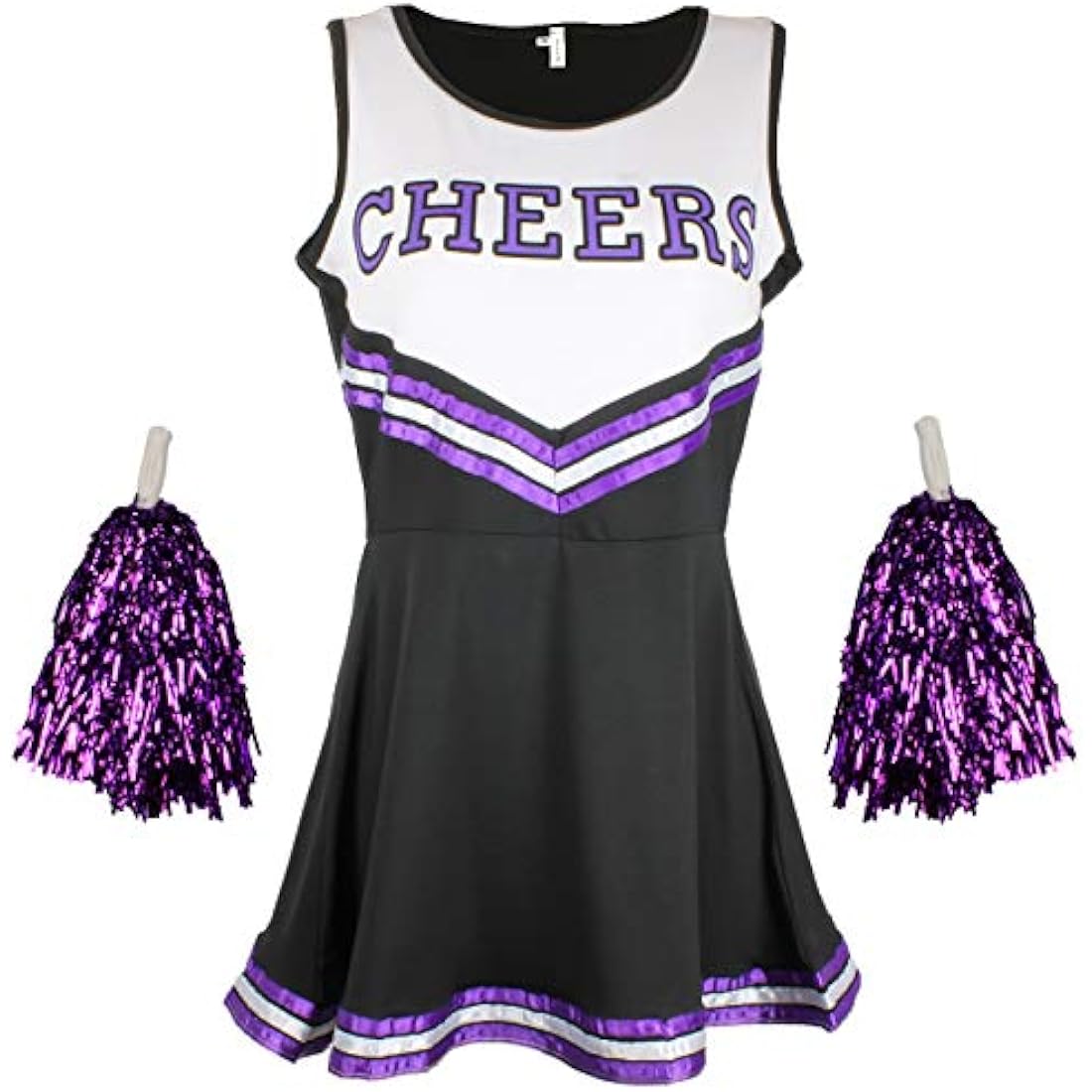 Jolof Store Cheerleader Fancy Dress Costume with Pom Poms - Black/Purple